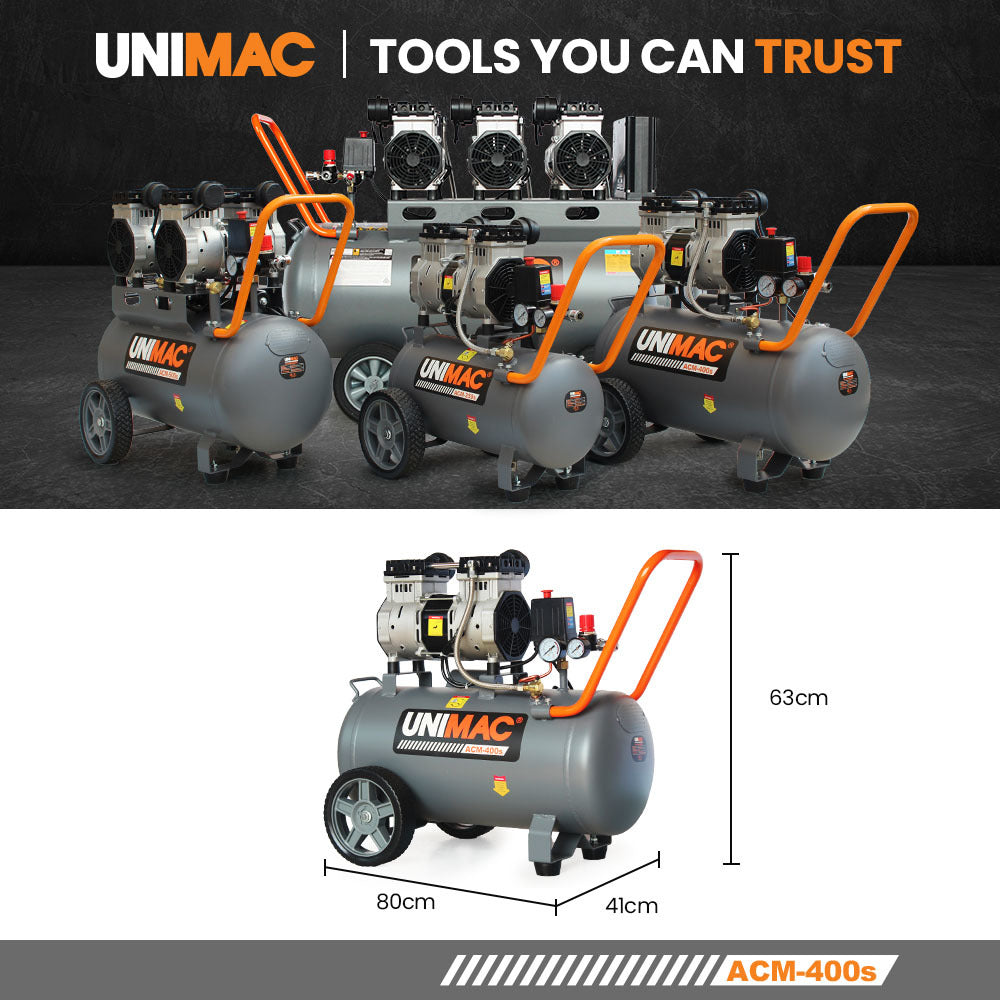 A gray UNIMAC 50L 3.0HP Silent Oil-Free Electric Air Compressor, Portable, Twin Nitto Outlets from the Quiet Air series with a large cylindrical tank, two black pump motors on top, pressure gauges, and various control knobs. The oil-free unit has two wheels for mobility and a bright orange handle.