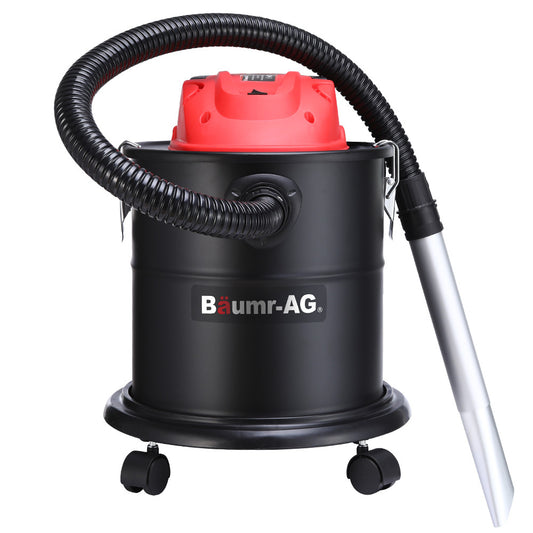 A black Baumr-AG 20L 1200W Ash Vacuum Cleaner, for Fireplace, BBQ, Fire Pit with a red top and a flexible black hose is shown. It features a stainless steel tank, mounted on small black wheels for mobility. The brand name is displayed on the front. The vacuum is designed for industrial or heavy-duty usage, ensuring durability and efficiency.
