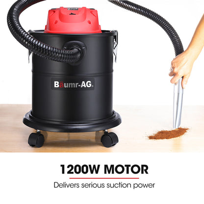 A black Baumr-AG 20L 1200W Ash Vacuum Cleaner, for Fireplace, BBQ, Fire Pit with a red top and a flexible black hose is shown. It features a stainless steel tank, mounted on small black wheels for mobility. The brand name is displayed on the front. The vacuum is designed for industrial or heavy-duty usage, ensuring durability and efficiency.
