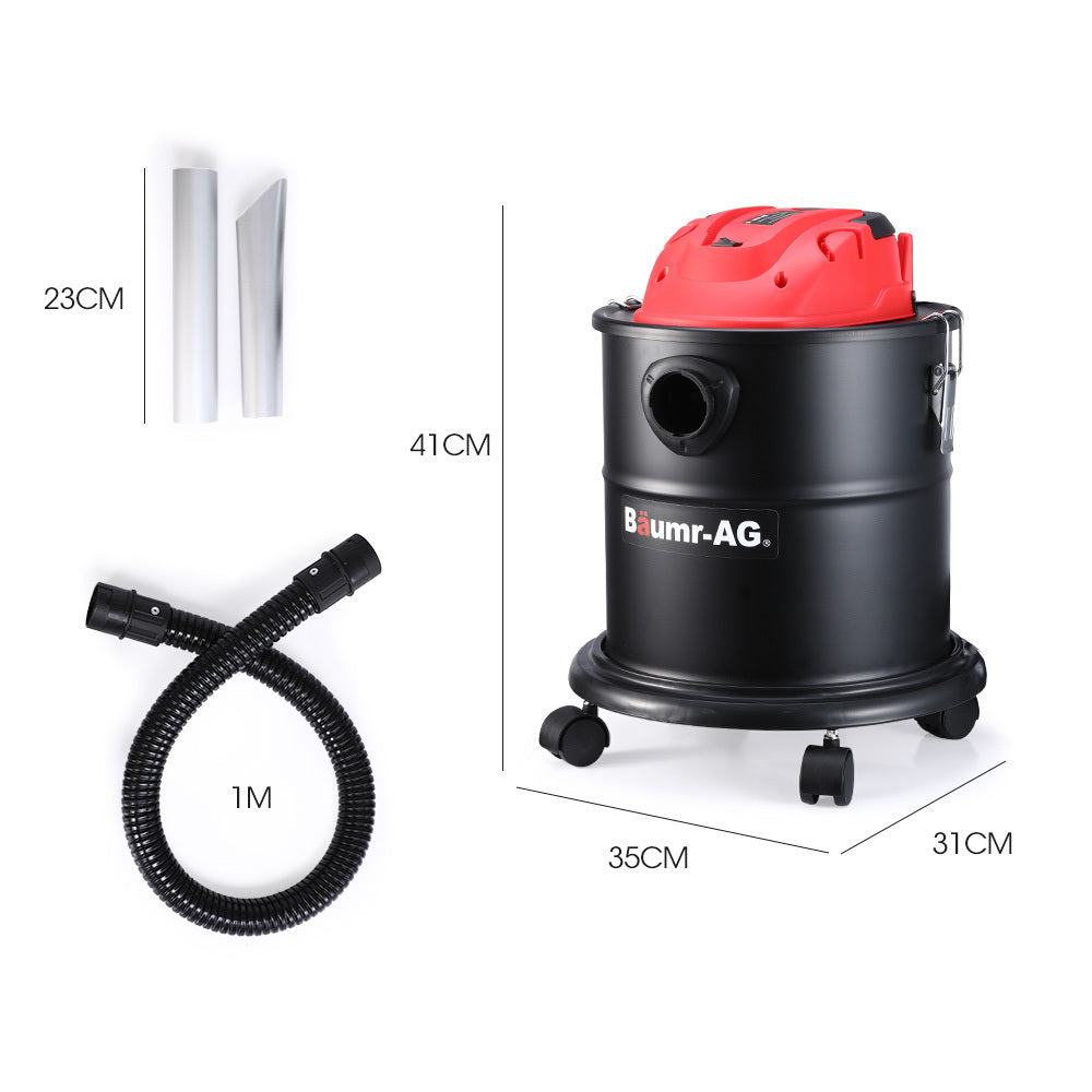 A black Baumr-AG 20L 1200W Ash Vacuum Cleaner, for Fireplace, BBQ, Fire Pit with a red top and a flexible black hose is shown. It features a stainless steel tank, mounted on small black wheels for mobility. The brand name is displayed on the front. The vacuum is designed for industrial or heavy-duty usage, ensuring durability and efficiency.
