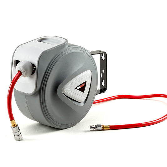 A gray UNIMAC 10m Retractable Air Hose Reel Compressor Wall Mounted Auto Rewind with a red 10 metre hose. This wall-mounted reel features a handle for easy carrying and a bracket for sturdy mounting. The hose extends from the reel, fitted with a metallic connector at the end.