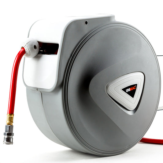 A UNIMAC 20m Retractable Air Hose Reel Compressor Wall Mounted Auto Rewind with a red 20 metre hose coiled inside. The cabinet has a triangular logo in the center and an exposed hanging bracket on the side. The wall-mounted reel features a brass fitting at the end of the hose.