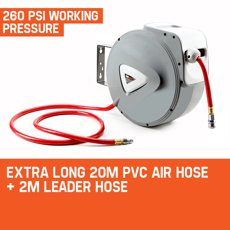 A UNIMAC 20m Retractable Air Hose Reel Compressor Wall Mounted Auto Rewind with a red 20 metre hose coiled inside. The cabinet has a triangular logo in the center and an exposed hanging bracket on the side. The wall-mounted reel features a brass fitting at the end of the hose.