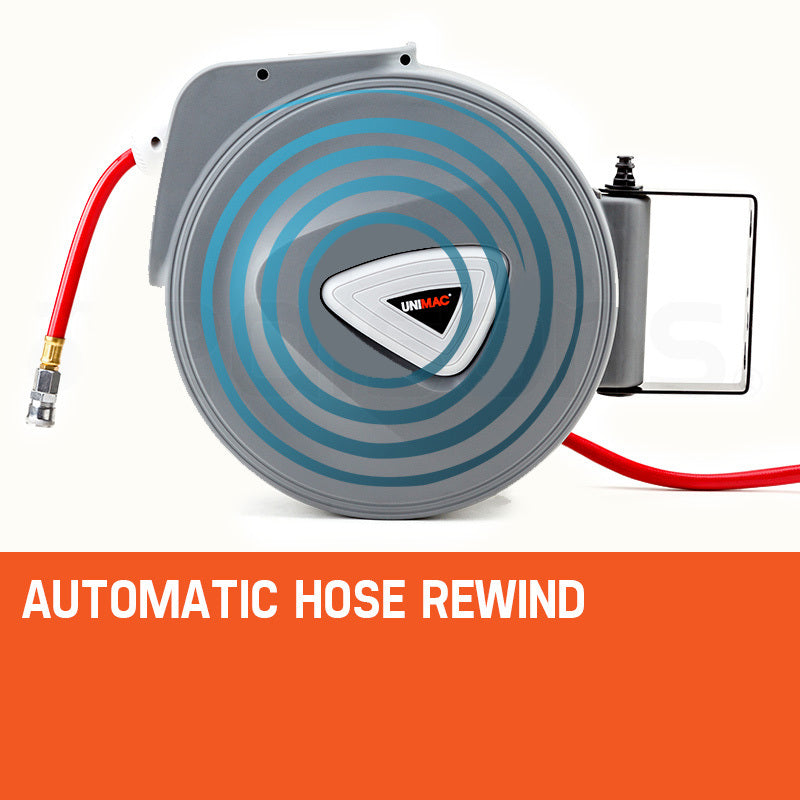 A UNIMAC 20m Retractable Air Hose Reel Compressor Wall Mounted Auto Rewind with a red 20 metre hose coiled inside. The cabinet has a triangular logo in the center and an exposed hanging bracket on the side. The wall-mounted reel features a brass fitting at the end of the hose.