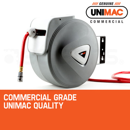 A UNIMAC 20m Retractable Air Hose Reel Compressor Wall Mounted Auto Rewind with a red 20 metre hose coiled inside. The cabinet has a triangular logo in the center and an exposed hanging bracket on the side. The wall-mounted reel features a brass fitting at the end of the hose.