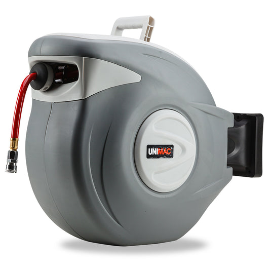 A grey automatic retractable UNIMAC 30m Retractable Air Hose Reel Compressor Wall Mounted Auto Rewind features the brand's white and red logo. This commercial grade air hose extends from the left side, with a carrying handle on top and a mounting bracket on the right for easy wall installation.