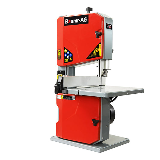 A red and gray Tradie's Mate Baumr-AG Bandsaw Wood Cutting Band Saw Portable Wood Vertical Benchtop Machine with a 350W induction motor and various safety and operational labels. The band saw features a flat cutting table and an upright blade housing. It is equipped with adjustment knobs and safety covers for the blades, making it suitable for precise cutting tasks.