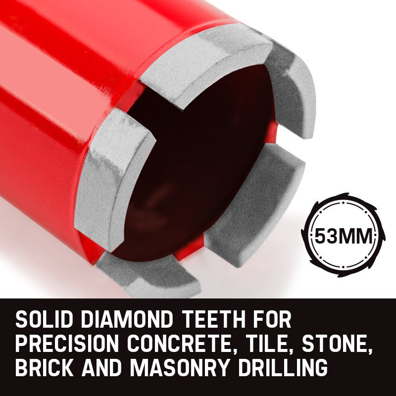 A red cylindrical Baumr-AG Diamond Core Drill Bit 53mm Concrete Wet Dry Tile Stone Brick Marble with a silver cutting end is shown. The tool, made from commercial grade steel, lies flat and features a consistent diameter throughout its length, tapering slightly near the top. The cutting end has a detailed, textured edge designed for drilling.