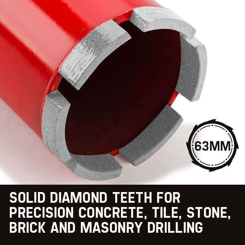 A red cylindrical Baumr-AG Diamond Core Drill Bit 63mm Concrete Wet Dry Tile Stone Brick Marble 1-1/4 UNC with a hexagonal end and a circular opening featuring diamond cutting teeth at the other end, against a white background. The concrete drill bit is designed for cutting through materials such as concrete or stone.