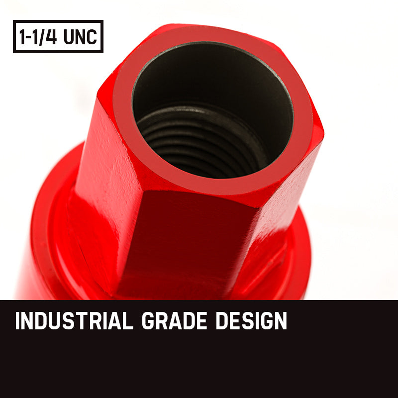 A red cylindrical Baumr-AG Diamond Core Drill Bit 63mm Concrete Wet Dry Tile Stone Brick Marble 1-1/4 UNC with a hexagonal end and a circular opening featuring diamond cutting teeth at the other end, against a white background. The concrete drill bit is designed for cutting through materials such as concrete or stone.