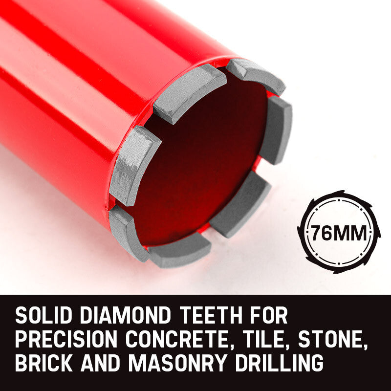 A red cylindrical Baumr-AG Diamond Core Drill Bit 76mm Concrete Wet Dry Tile Stone Brick Marble 1-1/4 UNC with a hexagonal shank and silver cutting segments at the end is displayed against a white background.