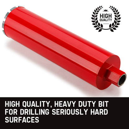 A red cylindrical Baumr-AG Diamond Core Drill Bit 114mm Concrete Wet Dry Tile Stone Brick Marble 1-1/4 UNC with diamond cutting teeth around the open end is positioned against a white background.