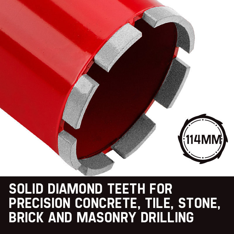 A red cylindrical Baumr-AG Diamond Core Drill Bit 114mm Concrete Wet Dry Tile Stone Brick Marble 1-1/4 UNC with diamond cutting teeth around the open end is positioned against a white background.