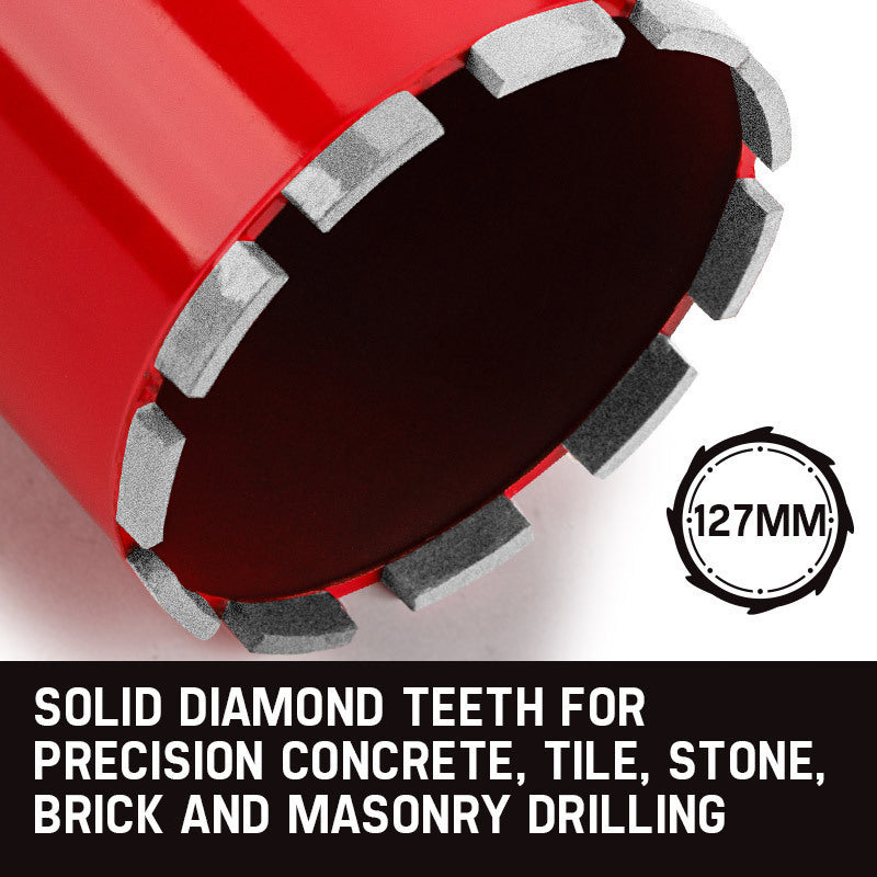 A red cylindrical Baumr-AG Diamond Core Drill Bit 127mm Concrete Wet Dry Tile Stone Brick Marble 1-1/4 UNC with a hollow center and multiple segments along the cutting edge, designed for penetrating tough materials like concrete or stone, is displayed against a white background.