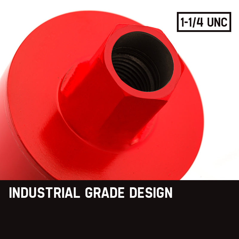 A red cylindrical Baumr-AG Diamond Core Drill Bit 127mm Concrete Wet Dry Tile Stone Brick Marble 1-1/4 UNC with a hollow center and multiple segments along the cutting edge, designed for penetrating tough materials like concrete or stone, is displayed against a white background.