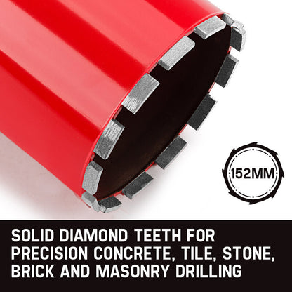 A red cylindrical Baumr-AG Diamond Core Drill Bit 152mm Concrete Wet Dry Tile Stone Brick Marble 1-1/4 UNC with a segmented cutting edge, used for core drilling, is displayed against a white background. The segments at the end are slightly darker, indicating diamond cutting teeth.