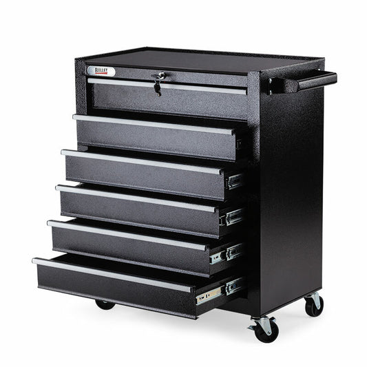 A black rolling tool chest with five partially opened drawers and a lockable top section, crafted from high tensile powder coated steel. The chest has a handle on the side and four caster wheels for easy mobility. Branded as the "BULLET 6 Drawer Tool Box Cabinet Trolley Garage Toolbox Storage Mechanic Chest," it's the ultimate tool storage solution.