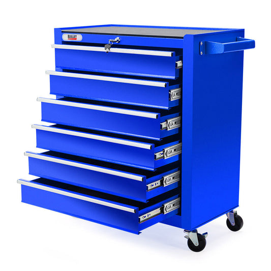 A blue metal tool chest on wheels with a handle on the right side. It has six drawers, mostly open, each featuring silver handles. A small lock and key mechanism is situated at the top. The chest, labeled "BULLET 6 Drawer Tool Box Cabinet Trolley Garage Toolbox Storage Mechanic Chest" on the upper left corner, serves as a premium storage solution for your tools.