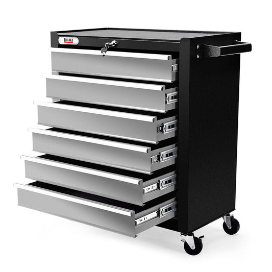 A black rolling storage solution with a top handle and six partially open, lockable silver drawers. The secure lock has a key inserted for added safety. Supported by four caster wheels for easy mobility, the "Built" brand is labeled on the upper left of this BULLET 6 Drawer Tool Box Cabinet Trolley Garage Toolbox Storage Mechanic Chest.