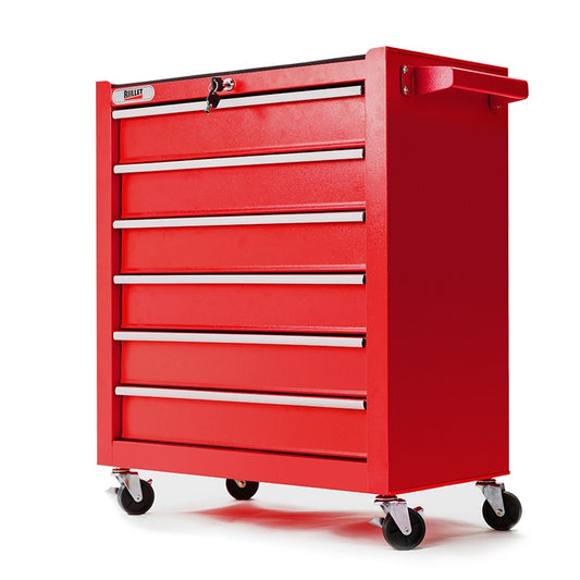 A red, wheeled BULLET 6 Drawer Tool Box Cabinet Trolley Garage Toolbox Storage Mechanic Chest with a handle on the right side. This robust tool storage solution stands on a white background and features lockable drawers, including a secure lock on the top drawer.