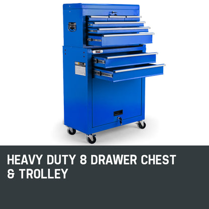 A blue metal BULLET 8 Drawer Tool Box Cabinet Chest Storage Toolbox Garage Organiser Set with multiple drawers and a top compartment, all partially open. The chest is on caster wheels for mobility and has side handles and hooks for additional tool storage. The top compartment lid is open, revealing even more tool storage solutions.