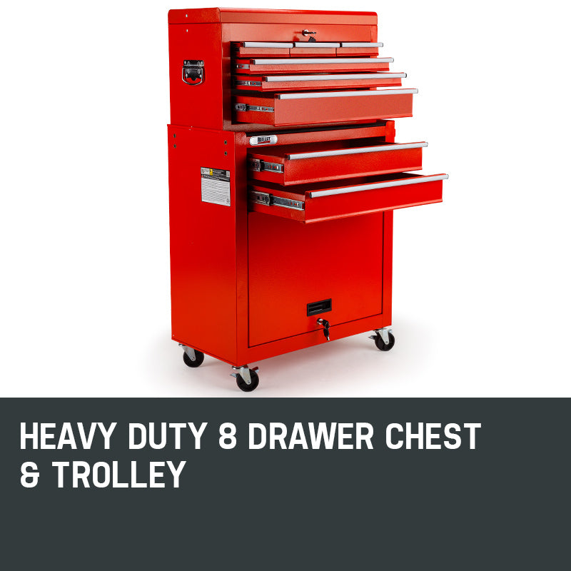 A tall red metal BULLET 8 Drawer Tool Box Cabinet Chest Storage Toolbox Garage Organiser Set on wheels with multiple open drawers and a top lid. The lockable tool cabinet features various compartments for organizing tools and equipment. It has side handles and a set of hooks on one side for additional garage tool storage.