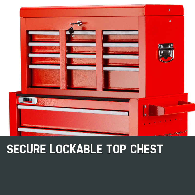 A tall red metal BULLET 8 Drawer Tool Box Cabinet Chest Storage Toolbox Garage Organiser Set on wheels with multiple open drawers and a top lid. The lockable tool cabinet features various compartments for organizing tools and equipment. It has side handles and a set of hooks on one side for additional garage tool storage.