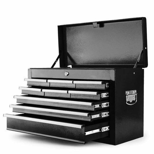 A BULLET 9 Drawer Tool Box Chest Mechanic Garage Storage Toolbox Set Organiser with a top handle and side handles, featuring a hinged lid and seven drawers, several of which are partially open. The tool chest appears sturdy and is designed for organizing and storing tools in your garage workshop.