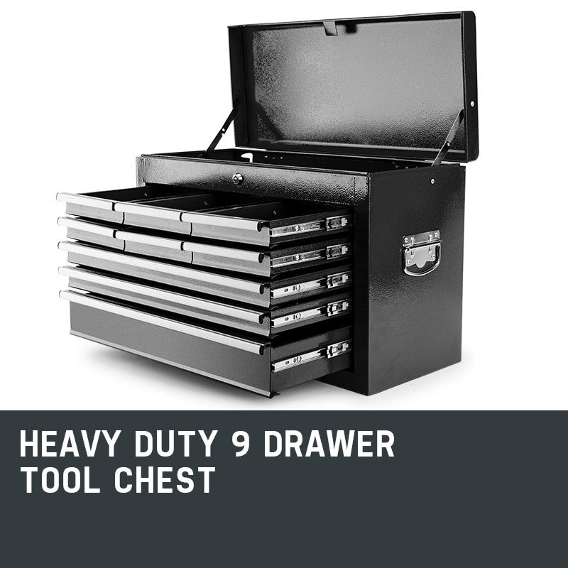 A BULLET 9 Drawer Tool Box Chest Mechanic Garage Storage Toolbox Set Organiser with a top handle and side handles, featuring a hinged lid and seven drawers, several of which are partially open. The tool chest appears sturdy and is designed for organizing and storing tools in your garage workshop.