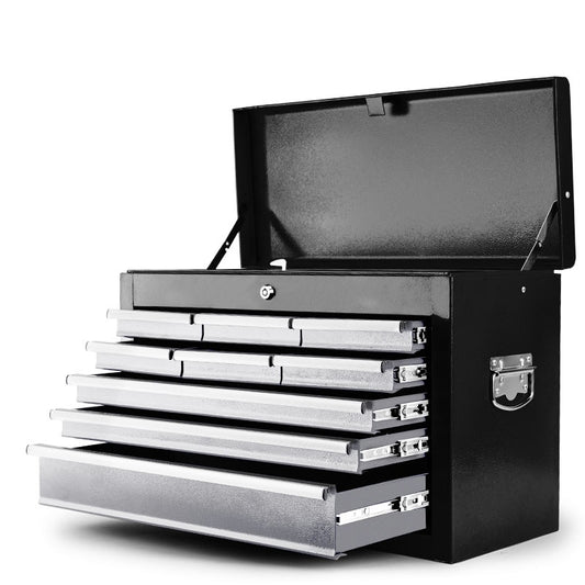 A BULLET 9 Drawer Tool Box Chest Garage Storage Mechanic Organiser Toolbox Set with six silver drawers is shown with the top lid open. One of the drawers is partially extended, revealing its empty interior. Perfect for tool organization, the chest has a handle on the side for easy carrying, making it an essential piece of garage storage.