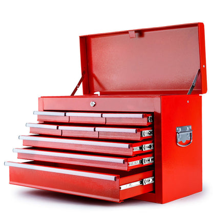 A red BULLET 9 Drawer Tool Box Chest Organiser Mechanic Garage Storage Toolbox Set with a top compartment and six drawers, one of which is open. Designed for optimal tool organization, the chest features a side handle for easy mobility and is perfect for garage storage needs.