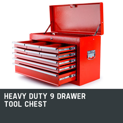 A red BULLET 9 Drawer Tool Box Chest Organiser Mechanic Garage Storage Toolbox Set with a top compartment and six drawers, one of which is open. Designed for optimal tool organization, the chest features a side handle for easy mobility and is perfect for garage storage needs.