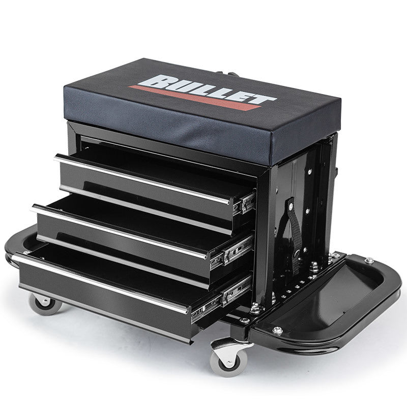 A black rolling tool chest with a cushioned seat on top, labeled "BULLET Rolling Tool Box Stool Mechanic Creeper Toolbox Seat Cushion Garage Tray." This versatile rolling tool box features three open drawers and side compartments, mounted on four caster wheels. Its design allows it to function as both efficient tool storage and a mobile stool for working on projects.