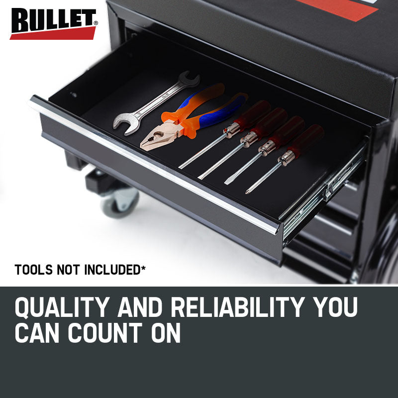 A black rolling tool chest with a cushioned seat on top, labeled "BULLET Rolling Tool Box Stool Mechanic Creeper Toolbox Seat Cushion Garage Tray." This versatile rolling tool box features three open drawers and side compartments, mounted on four caster wheels. Its design allows it to function as both efficient tool storage and a mobile stool for working on projects.