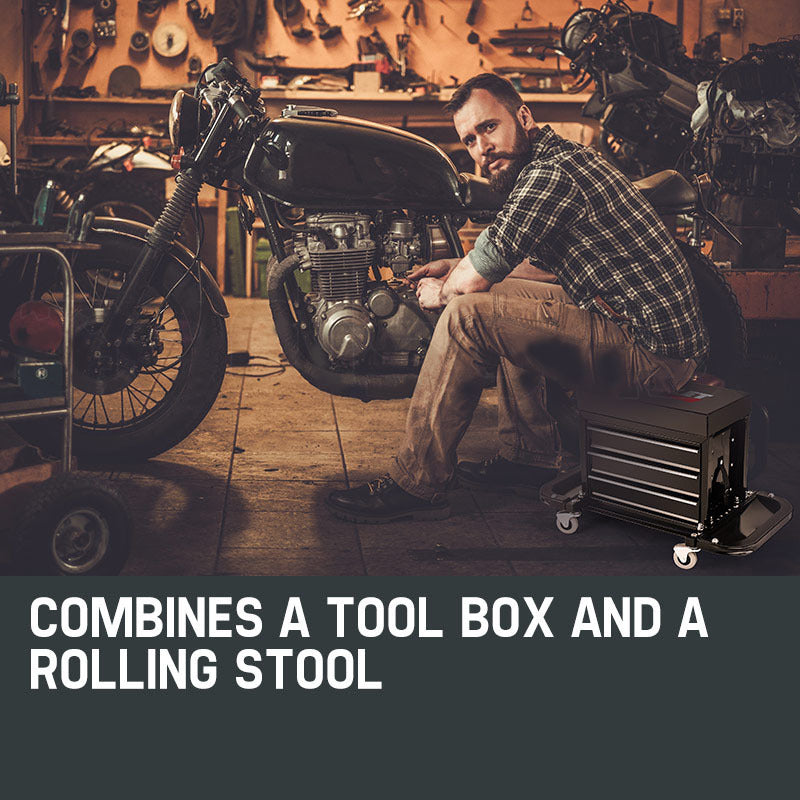 A black rolling tool chest with a cushioned seat on top, labeled "BULLET Rolling Tool Box Stool Mechanic Creeper Toolbox Seat Cushion Garage Tray." This versatile rolling tool box features three open drawers and side compartments, mounted on four caster wheels. Its design allows it to function as both efficient tool storage and a mobile stool for working on projects.