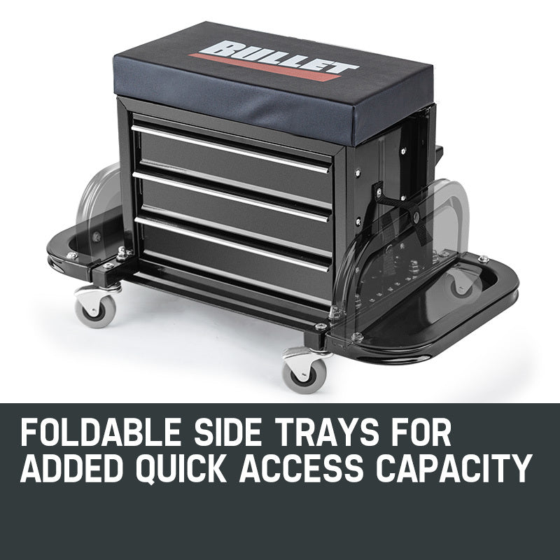 A black rolling tool chest with a cushioned seat on top, labeled "BULLET Rolling Tool Box Stool Mechanic Creeper Toolbox Seat Cushion Garage Tray." This versatile rolling tool box features three open drawers and side compartments, mounted on four caster wheels. Its design allows it to function as both efficient tool storage and a mobile stool for working on projects.