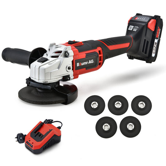 The Baumr-AG 20V Cordless Angle Grinder 125mm 2Ah Lithium Battery Power Charger features a sleek red and black design and includes a 20V lithium-ion battery charger and five additional grinding discs. With its side handle for stability, this powerful tool is perfect for any task, all set against a plain white background.