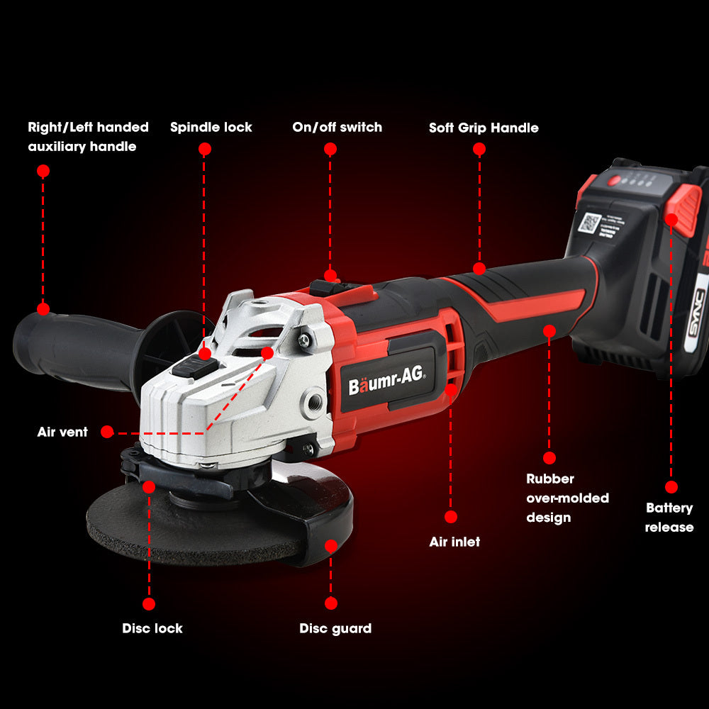 The Baumr-AG 20V Cordless Angle Grinder 125mm 2Ah Lithium Battery Power Charger features a sleek red and black design and includes a 20V lithium-ion battery charger and five additional grinding discs. With its side handle for stability, this powerful tool is perfect for any task, all set against a plain white background.