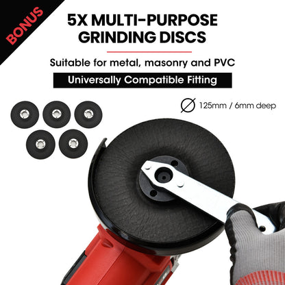 The Baumr-AG 20V Cordless Angle Grinder 125mm 2Ah Lithium Battery Power Charger features a sleek red and black design and includes a 20V lithium-ion battery charger and five additional grinding discs. With its side handle for stability, this powerful tool is perfect for any task, all set against a plain white background.