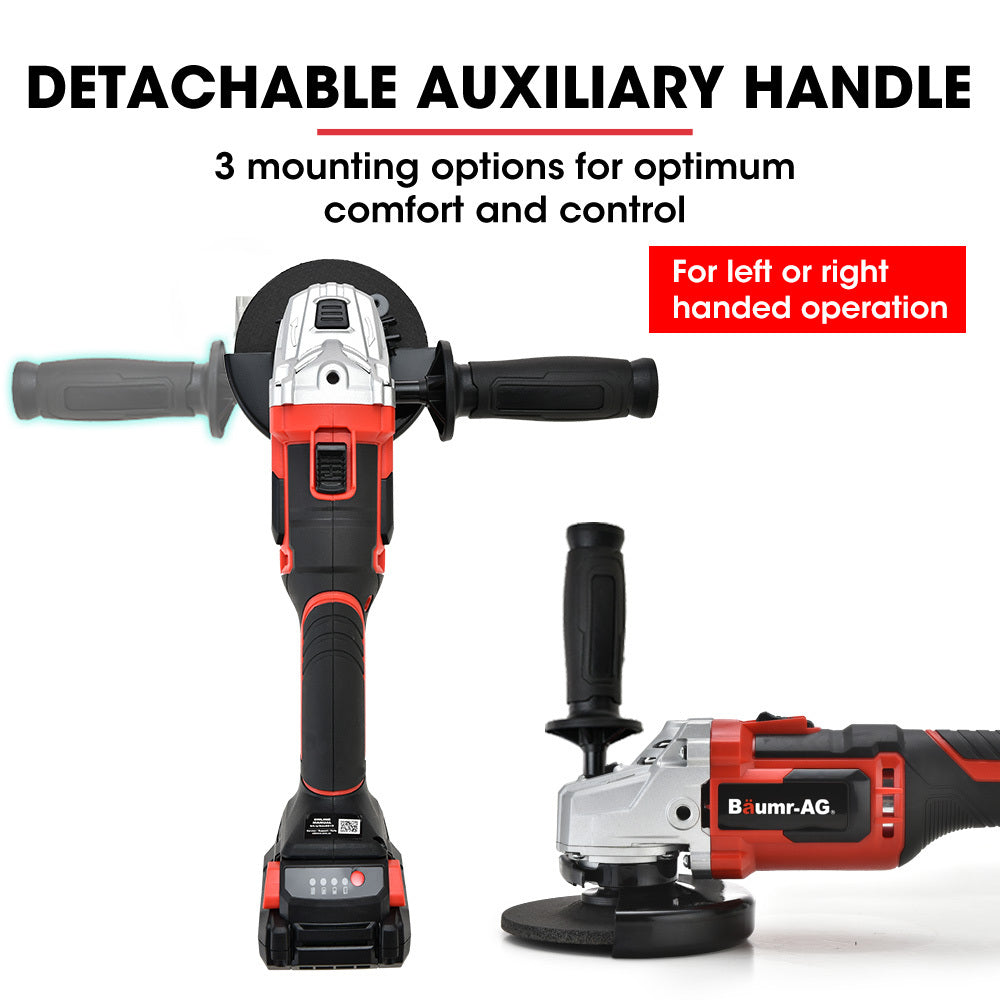 The Baumr-AG 20V Cordless Angle Grinder 125mm 2Ah Lithium Battery Power Charger features a sleek red and black design and includes a 20V lithium-ion battery charger and five additional grinding discs. With its side handle for stability, this powerful tool is perfect for any task, all set against a plain white background.