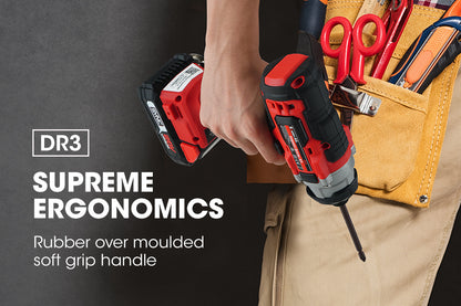 Two red and black cordless power drills, each with a 20V lithium-ion battery attached, are displayed side by side. Next to the drills, a battery charger with an AC power cord is shown. Branded "BAUMR-AG 20V Cordless Drill and Impact Driver Combo Kit w/ SYNC Battery & Charger," these sleek, ergonomic tools are part of the SYNC Drill set for precision work.