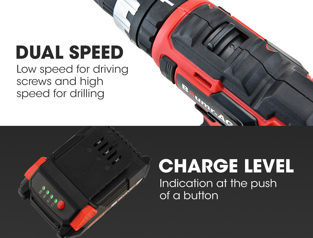 A red and black cordless drill labeled "BAUMR-AG 20V Cordless Power Drill Kit Lithium Battery Hammer Drilling with Bag" is shown from the side. The drill features TriMode technology, and an accompanying battery charger with a two-prong plug is placed beside it.