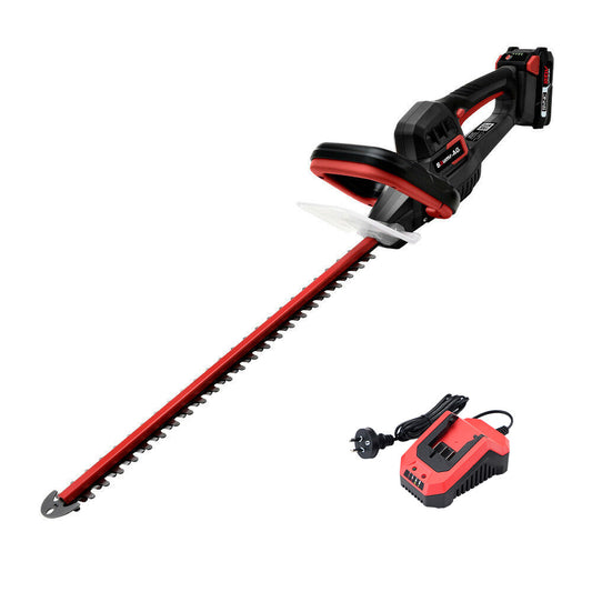 This red and black BAUMR-AG 20V Cordless Electric Hedge Trimmer Shrub Cutter with Rechargeable Battery & Charger Kit features TruSharp high-grade blades and a long cutting edge. Designed for the 20V SYNC range, it includes a handle on top, a transparent guard near the blade, and comes complete with a battery and charger.