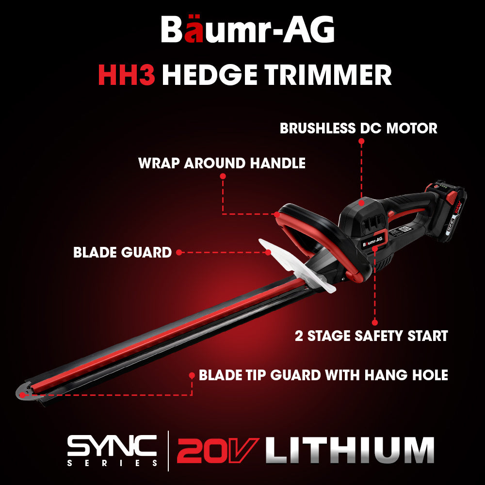 This red and black BAUMR-AG 20V Cordless Electric Hedge Trimmer Shrub Cutter with Rechargeable Battery & Charger Kit features TruSharp high-grade blades and a long cutting edge. Designed for the 20V SYNC range, it includes a handle on top, a transparent guard near the blade, and comes complete with a battery and charger.