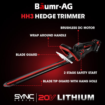 This red and black BAUMR-AG 20V Cordless Electric Hedge Trimmer Shrub Cutter with Rechargeable Battery & Charger Kit features TruSharp high-grade blades and a long cutting edge. Designed for the 20V SYNC range, it includes a handle on top, a transparent guard near the blade, and comes complete with a battery and charger.