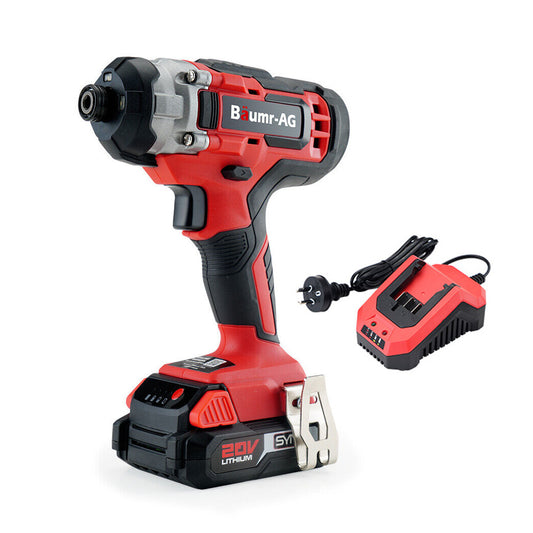 A red and black BAUMR-AG 20V Cordless Impact Driver Lithium Screwdriver Kit w/ Battery Charger is shown with a hex socket ready for use. Beside it, there's a compatible lithium-ion battery charging station with an attached power cable and plug.