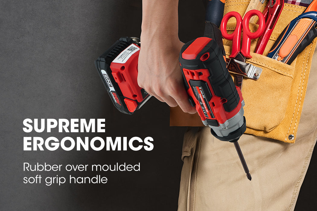 A red and black BAUMR-AG 20V Cordless Impact Driver Lithium Screwdriver Kit w/ Battery Charger is shown with a hex socket ready for use. Beside it, there's a compatible lithium-ion battery charging station with an attached power cable and plug.