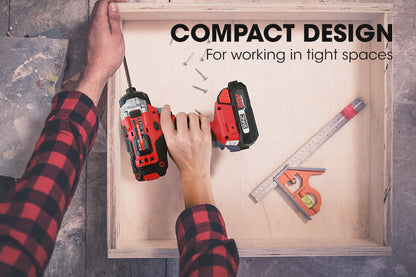 A red and black BAUMR-AG 20V Cordless Impact Driver Lithium Screwdriver Kit w/ Battery Charger is shown with a hex socket ready for use. Beside it, there's a compatible lithium-ion battery charging station with an attached power cable and plug.