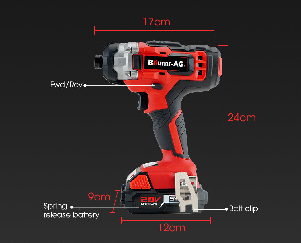 A red and black BAUMR-AG 20V Cordless Impact Driver Lithium Screwdriver Kit w/ Battery Charger is shown with a hex socket ready for use. Beside it, there's a compatible lithium-ion battery charging station with an attached power cable and plug.