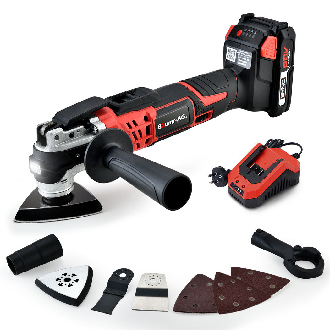 A Baumr-AG 20V Cordless Oscillating Multi-Tool Cutting Saw Battery Sander Kit Lithium Battery designed for the avid DIYer is displayed with attachments and accessories. The tool includes a sanding head, detachable handle, several sanding pads, various cutting blades, a battery pack, and a charger. All items are neatly laid out on a white background.